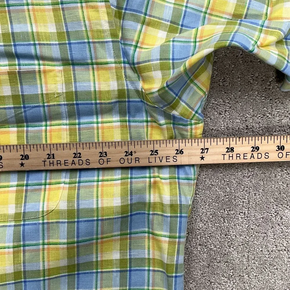 Jos A Banks Shirt‎ Men Large Yellow Green Blue Madras Plaid Linen Classic